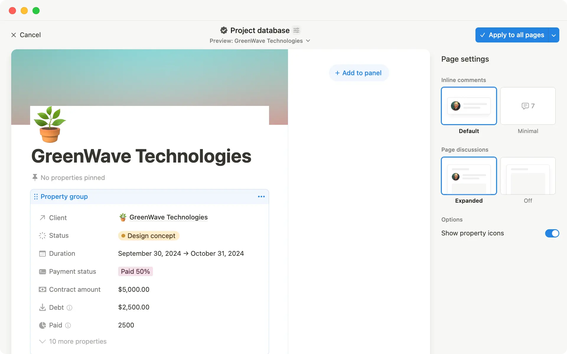 레이아웃 빌더를 사용하면 속성 고정부터 새 사이드 패널 생성까지 데이터베이스 페이지의 모든 것을 사용자 지정할 수 있어요.