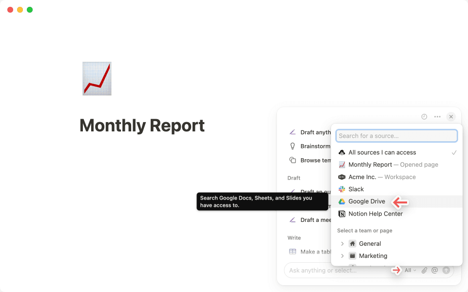 Notion AI 출처 선택기에서 Google 드라이브를 선택하여 검색 범위를 좁히세요.