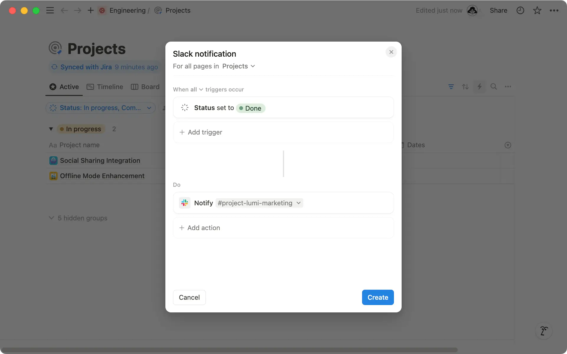 Wähle einen Slack-Kanal aus, um Benachrichtigungen zu erhalten, wenn Projekte abgeschlossen sind.