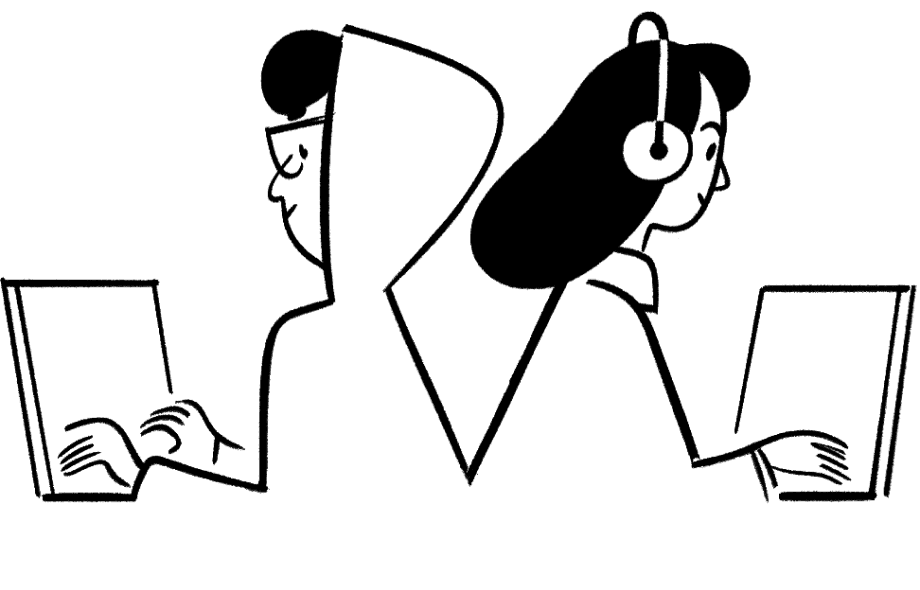 Eine minimalistische Schwarz-Weiß-Zeichnung von zwei Personen, die an Laptops arbeiten.