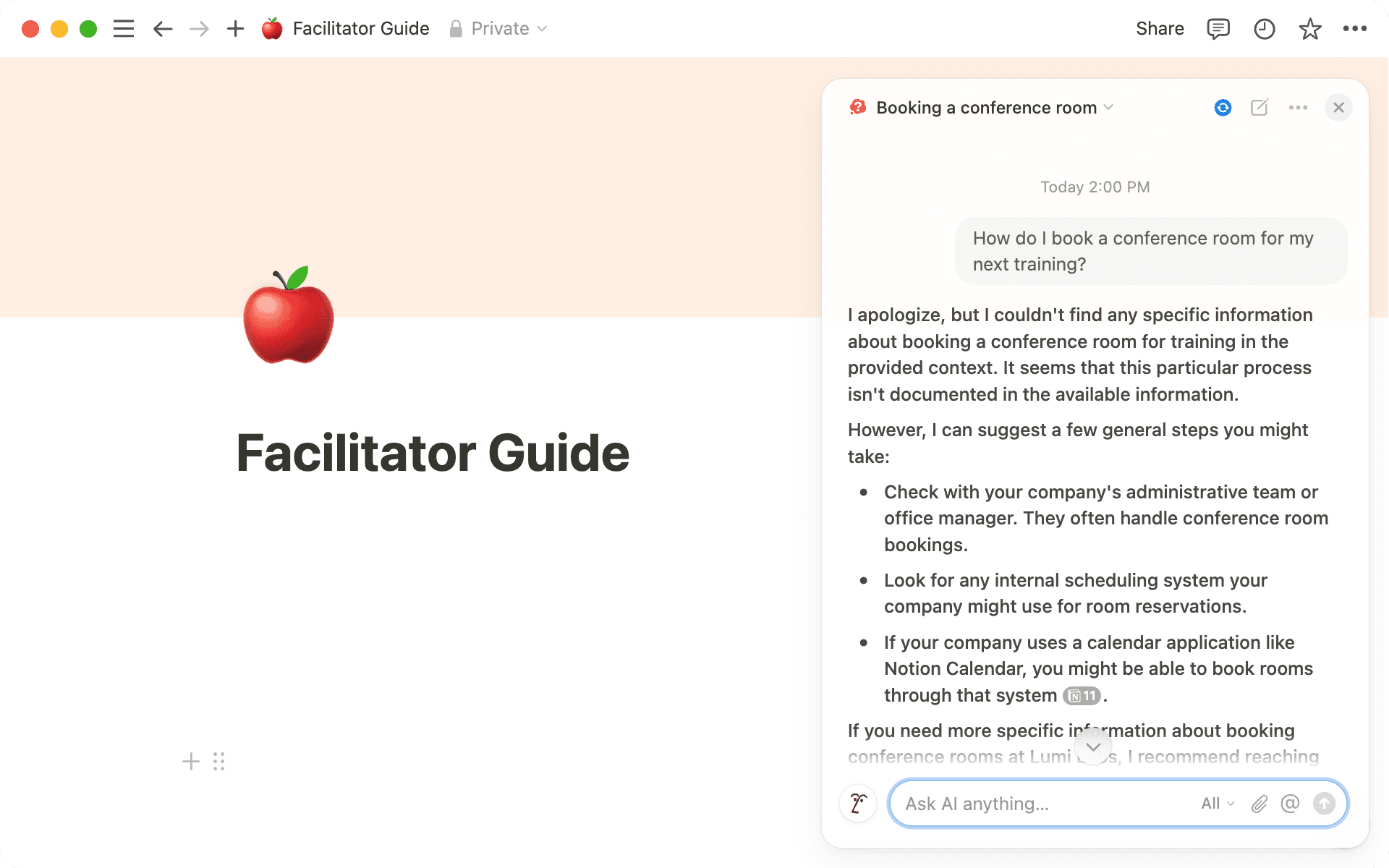 Notion AI가 질문에 답할 수 없는 경우, 일반적인 지식을 사용자에게 알려주고 생각의 단초를 제공합니다.