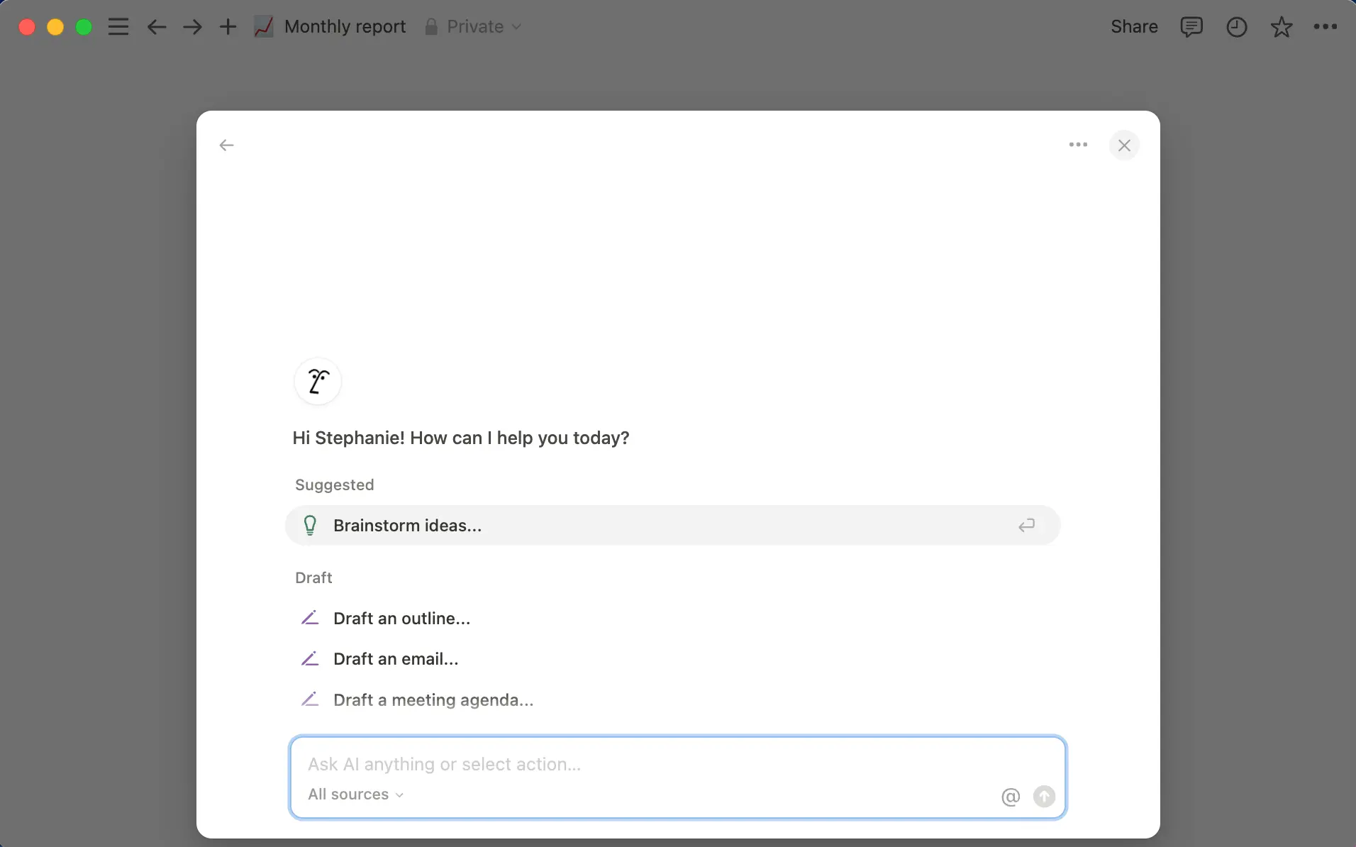 키보드 단축키를 사용하여 Notion AI를 바로 사용하세요. Mac은 Shift+Cmd+J, Windows는 Shift+Ctrl+J를 사용하세요.
