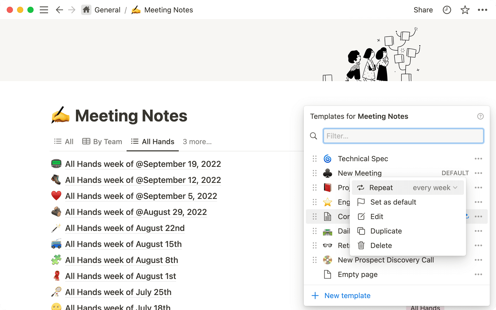 Set up repeating templates in the templates menu of any database.