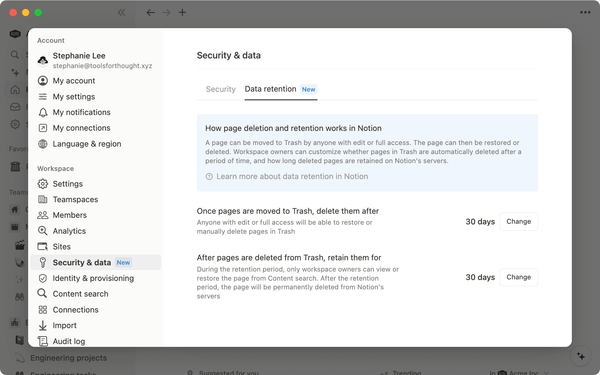 엔터프라이즈 워크스페이스 소유자는 사용자의 페이지가 휴지통에서 삭제되는 시점과 삭제 이후 보관 기간을 설정할 수 있습니다.