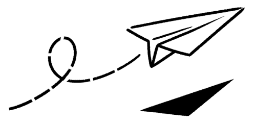 Eine minimalistische Schwarz-Weiß-Zeichnung eines Papierflugzeugs, das durch die Luft fliegt.