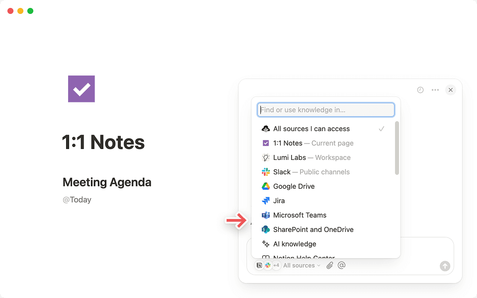 Notion AI 채팅의 '모든 출처' 탭에서 '+ 앱 연결' 옵션을 선택하여 시작하세요.