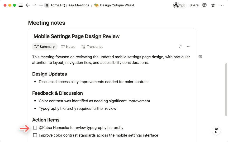 Notion AI는 메모에서 사용자를 태그하면 요약 탭에서 해당 사용자를 자동으로 태그합니다.