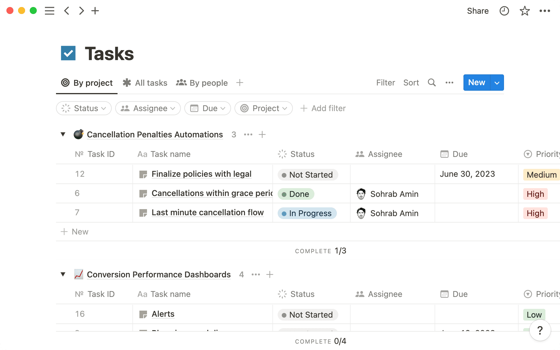 작업 데이터베이스에는 작업 상태, 소유자, 타임라인 등의 핵심 정보를 담을 수 있어요.